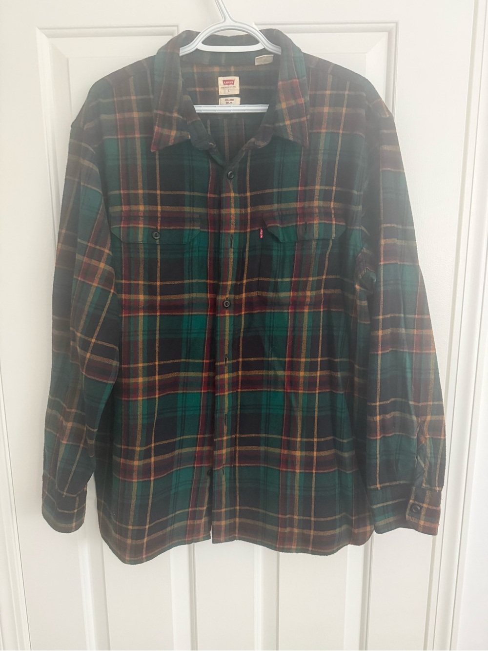 Levi's Green Plaid Button-Up Shirt Jacket with Burgundy and Yellow Stripes